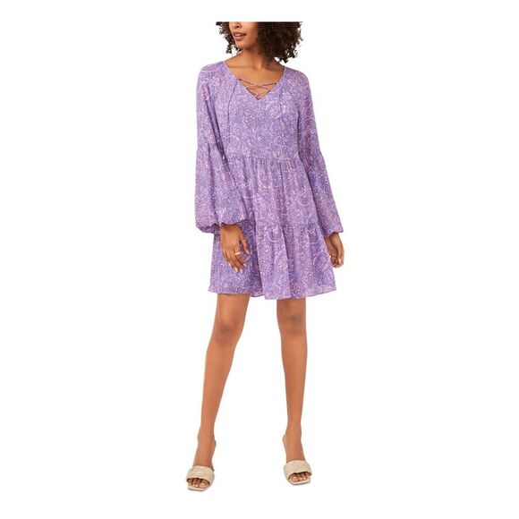 VINCE CAMUTO Womens Purple Lined Pullover Lace-up Sleeve Split Short Dress XS - Picture 3 of 4